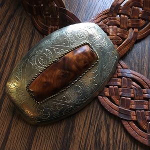 Leather, silver, wood trim western fashion belt
